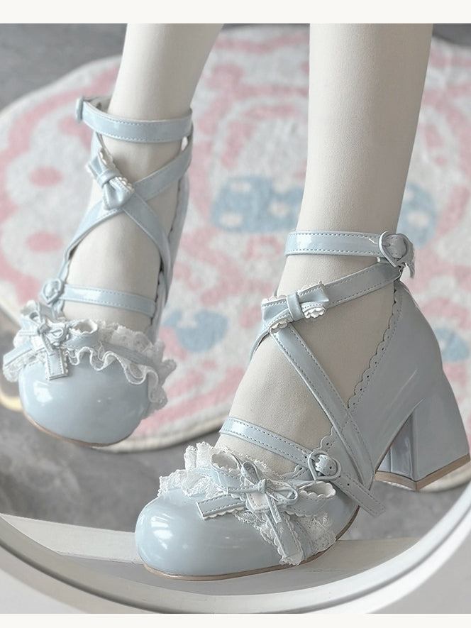 Blue at Heart Lolita mit Spitzenoberteil und Patch, mittelhohem Absatz, Schleife und Rüschen