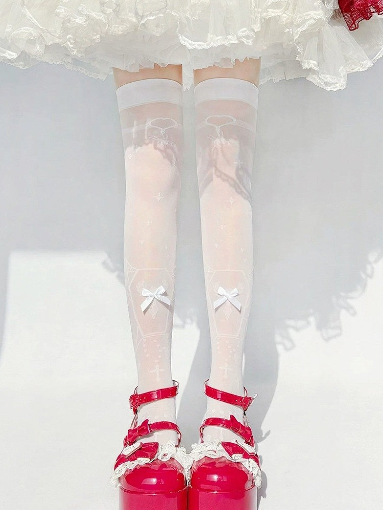 Sheer Lolita Overknee Stockings with Cross Print in Black or White - Milkcat Studio