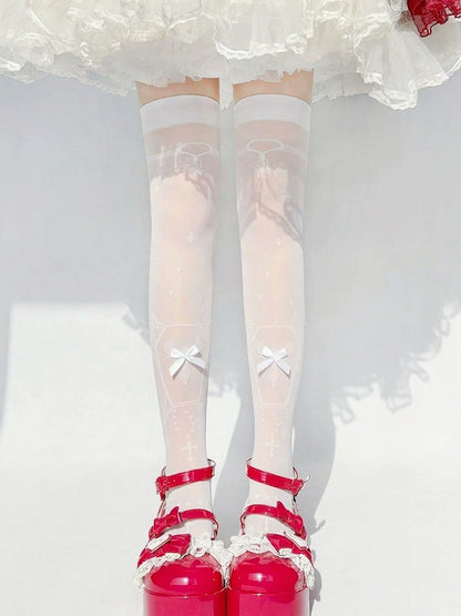 Sheer Lolita Overknee Stockings with Cross Print in Black or White - Milkcat Studio