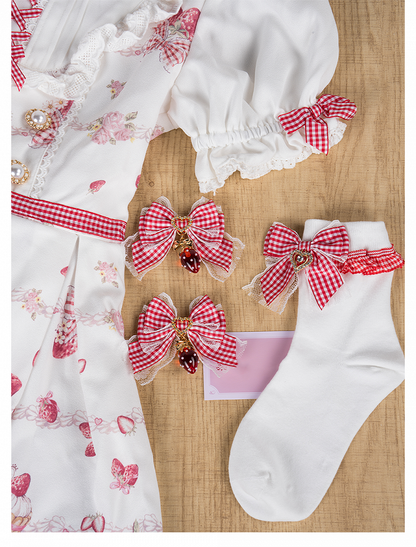 Kei Lolita White Plaid Bowknot with Sweet Ankle/Mid-Calf Socks Jirai Red Style