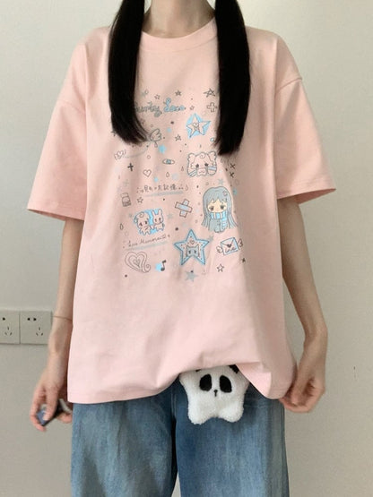 Pink Cartoon Print Cool Touch Short Sleeve T-Shirt - PINK SAVIOR
