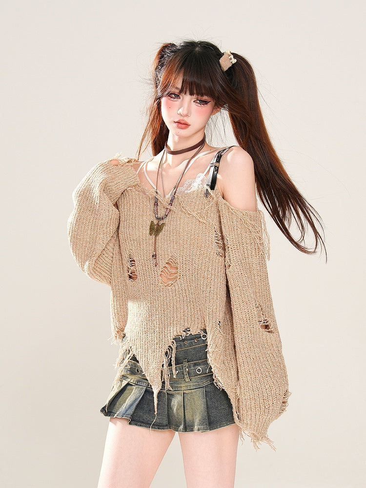 Gestrickter Punk Khaki Asymmetrischer Ausschnitt und Löcher am oberen Saum Wasteland Distressed