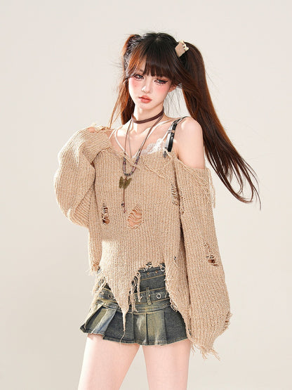Gestrickter Punk Khaki Asymmetrischer Ausschnitt und Löcher am oberen Saum Wasteland Distressed