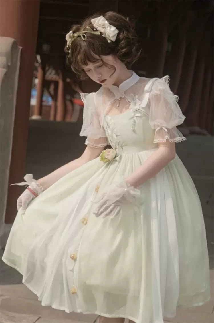 グリーンの縞模様の花柄刺繍トップドレス ホワイトカラー +