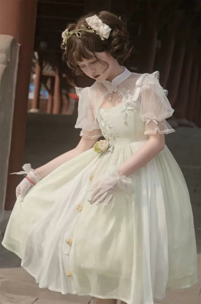 グリーンの縞模様の花柄刺繍トップドレス ホワイトカラー +