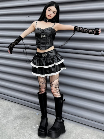 Black Studs Design Punk Rock High Waist Tiered Mini Skirt Lace Trim