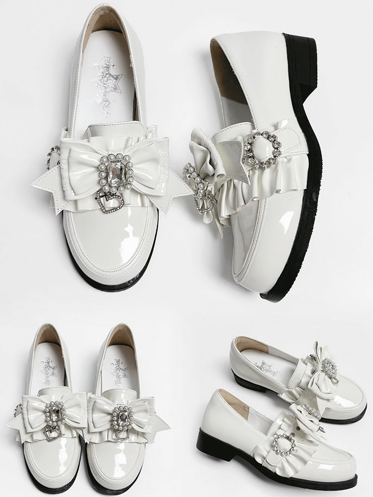 Leather Heels Rhinestone Bead PU Kei with Low Bow Jirai Polished White