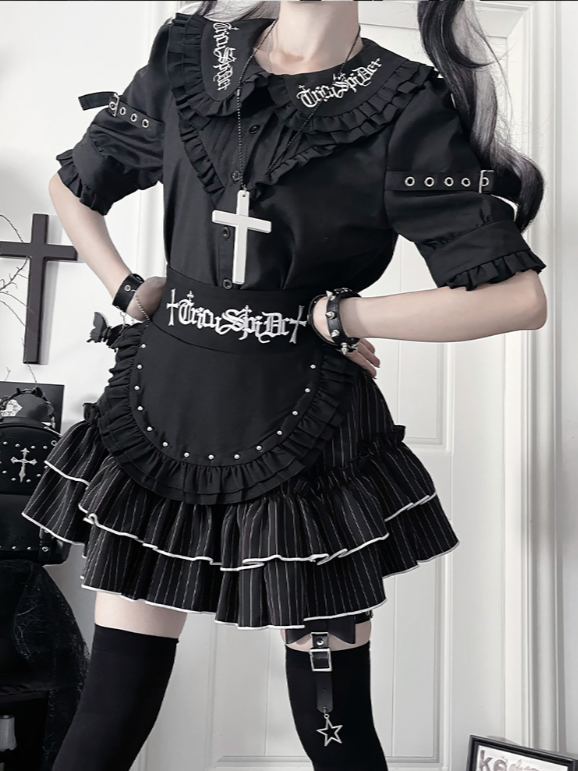 Collar Black Short Pan Buckle Gothic Blousewith StrapsRuffled Sleeve Peter