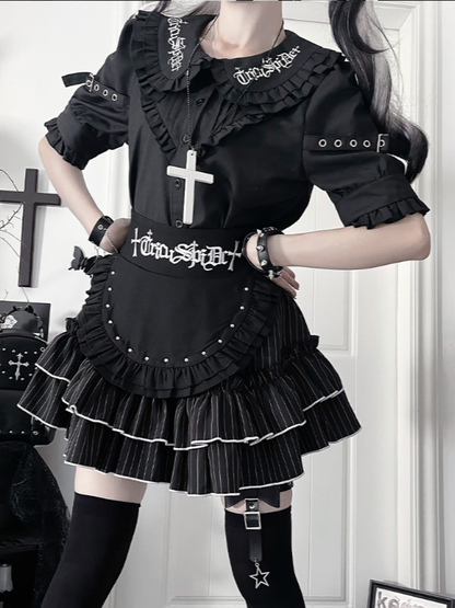 Collar Black Short Pan Buckle Gothic Blousewith StrapsRuffled Sleeve Peter