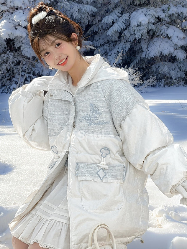 Alice in Wonderland Alice Tweed Patchwork White Hooded Down Jacket