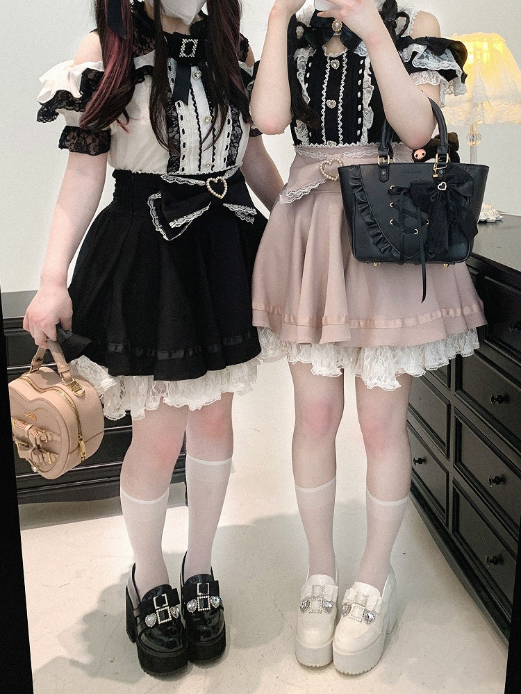 Back Jirai Kei Lace Trim Beaded Heart Decorated Big Bow Lace-up