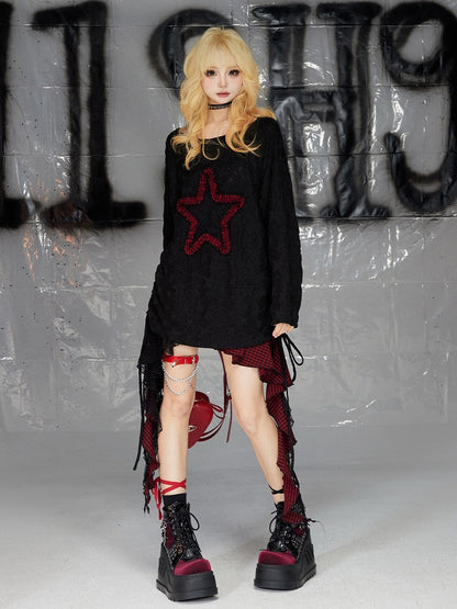 Schwarzes T-Shirt mit langen Ärmeln und Kordelzug und Stern