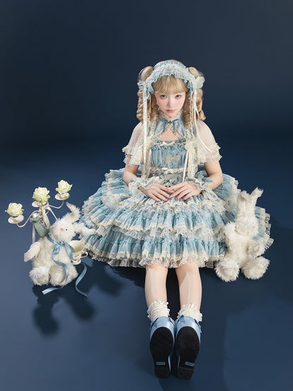 Spitze mit Lolita-Details, Stickerei und gestuftem Goldfischkleid, süße Rüschen, Blau