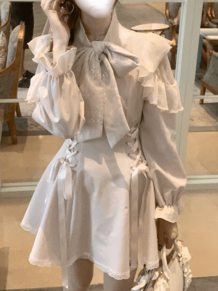 - Tie and Beige Polished Refined Neck Bow Ojou-sama Dress Shoulders Jirai Style Lace with Cutout Kei