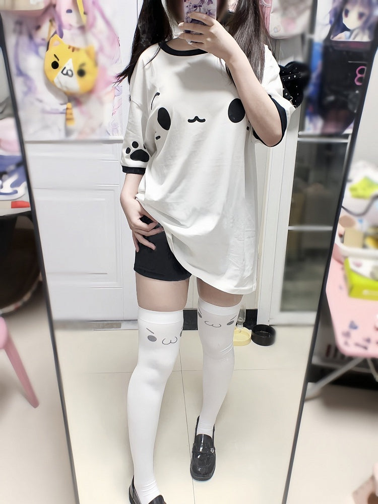 Cotton Print Crewneck Design T-shirt White with Emoji Paw Cat