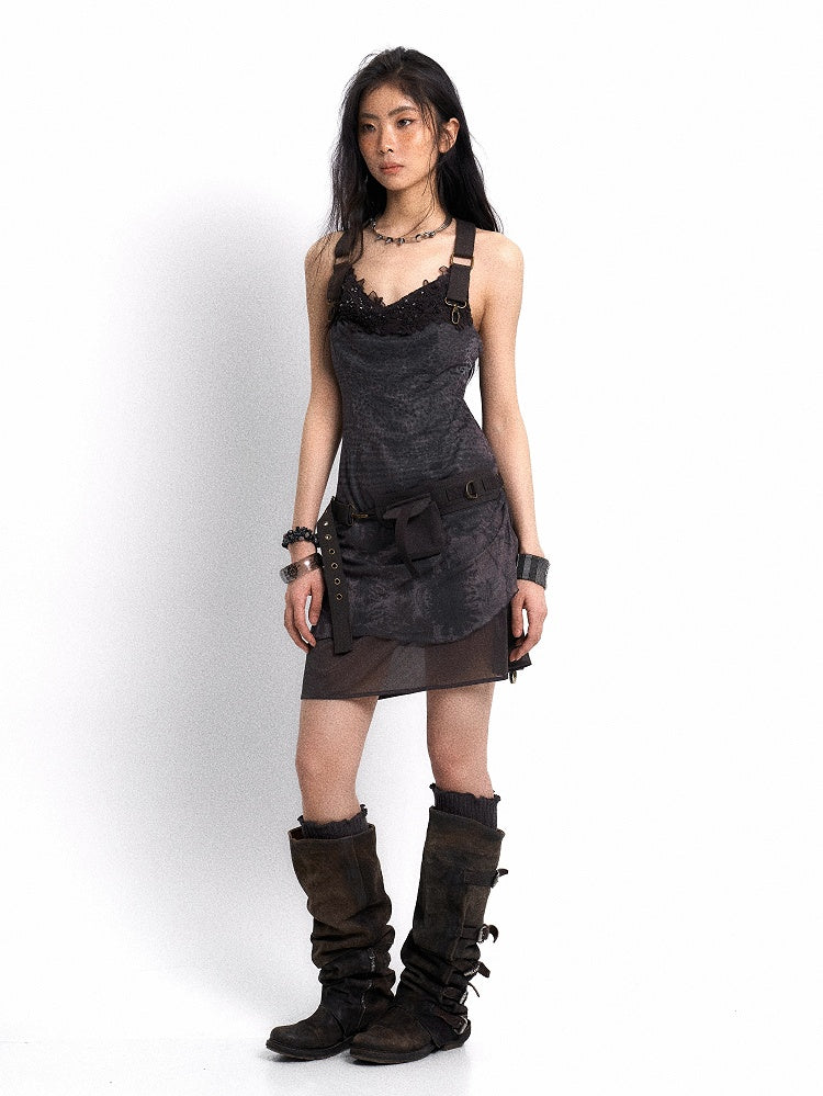 Adjustable Neck with Dress Print Belt Floral Black PU Cowl Layered