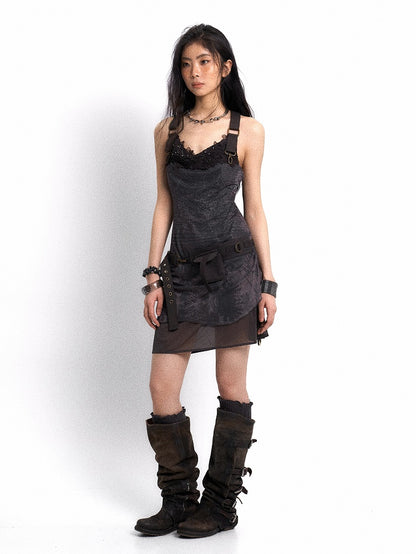 Adjustable Neck with Dress Print Belt Floral Black PU Cowl Layered