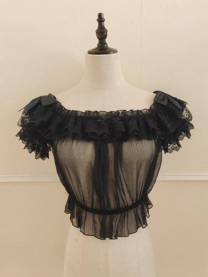 ブラック 伸縮性 オフショルダー ネックライン 半袖 シアーブラウス