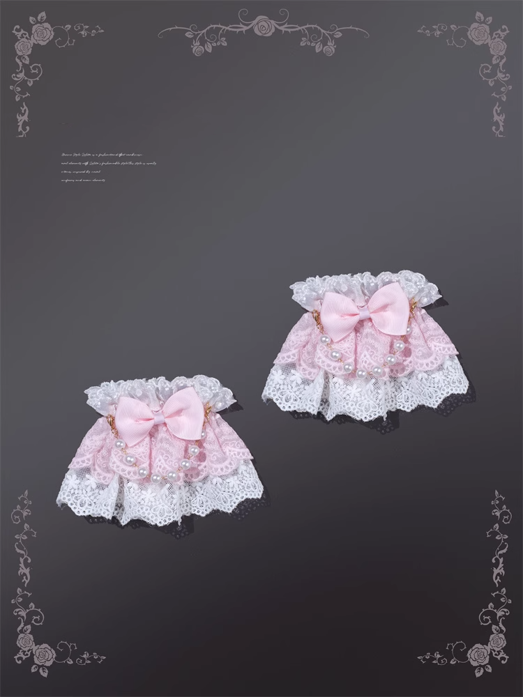 and Lace Wrist Cuffs with Beaded Chain White Pink
