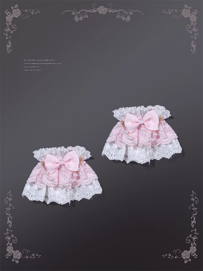 and Lace Wrist Cuffs with Beaded Chain White Pink