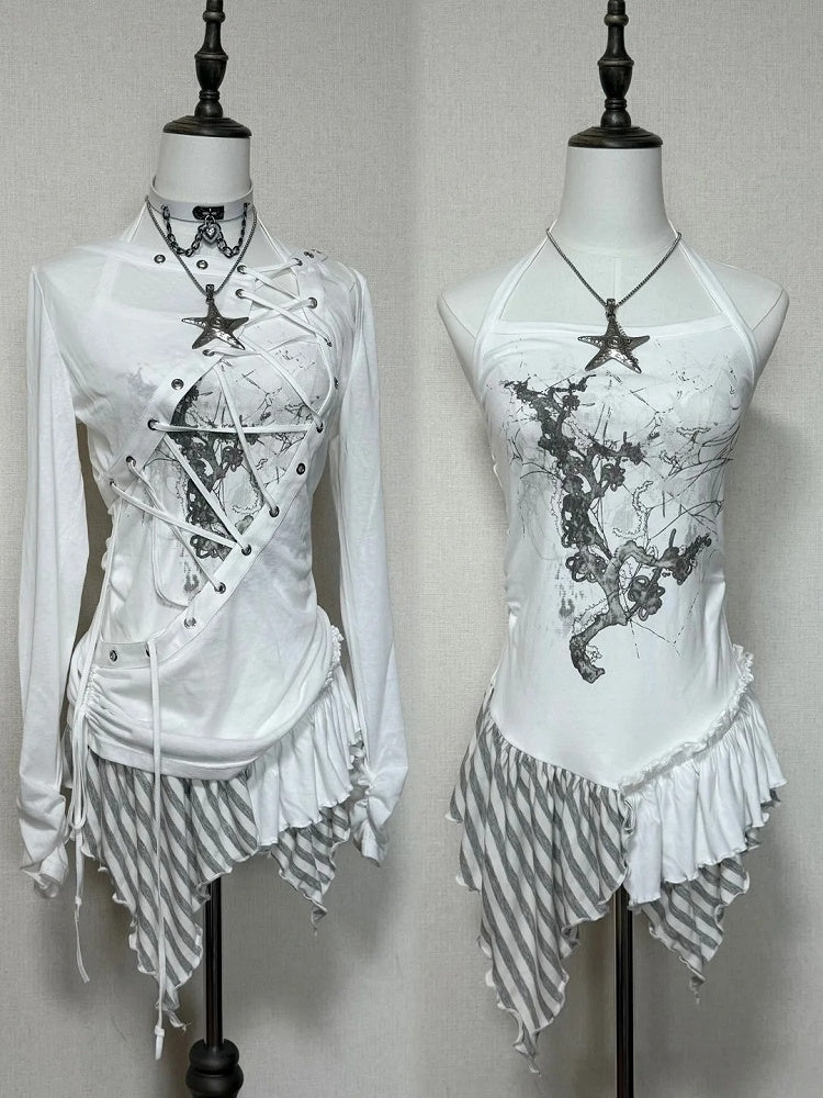 White Asymmetrical Cut Long Sleeve Top with Lace-Up Details - Blazed Field