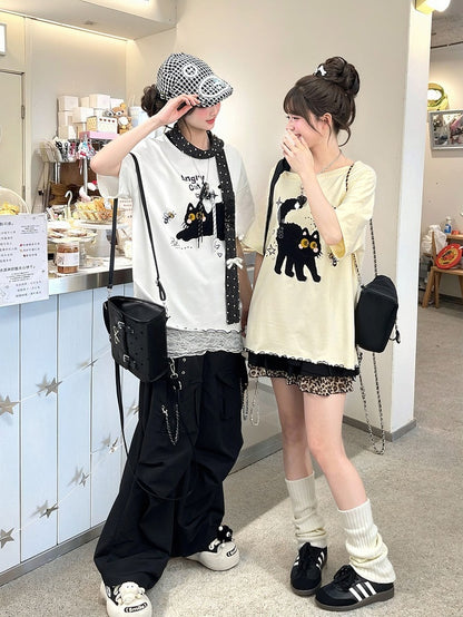 ホワイト/ベージュ 猫柄 レタス裾Tシャツ