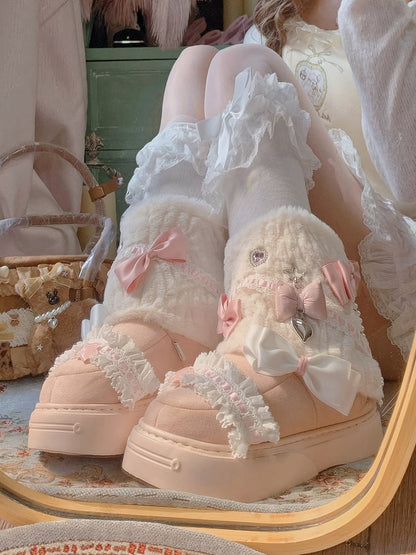 Lolita Bow Sweet Pink Plush Shoes with Beige Accents
