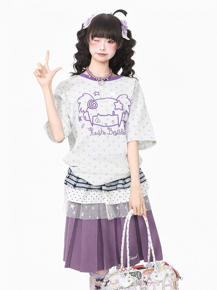 Gray Short Sleeve Tee with Star & Cartoon Girl Design - Languid Park