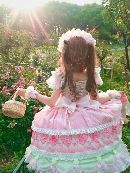Green & Pink Strawberry Cake Print Flutter Sleeve Lolita JSK - Ball Lolita