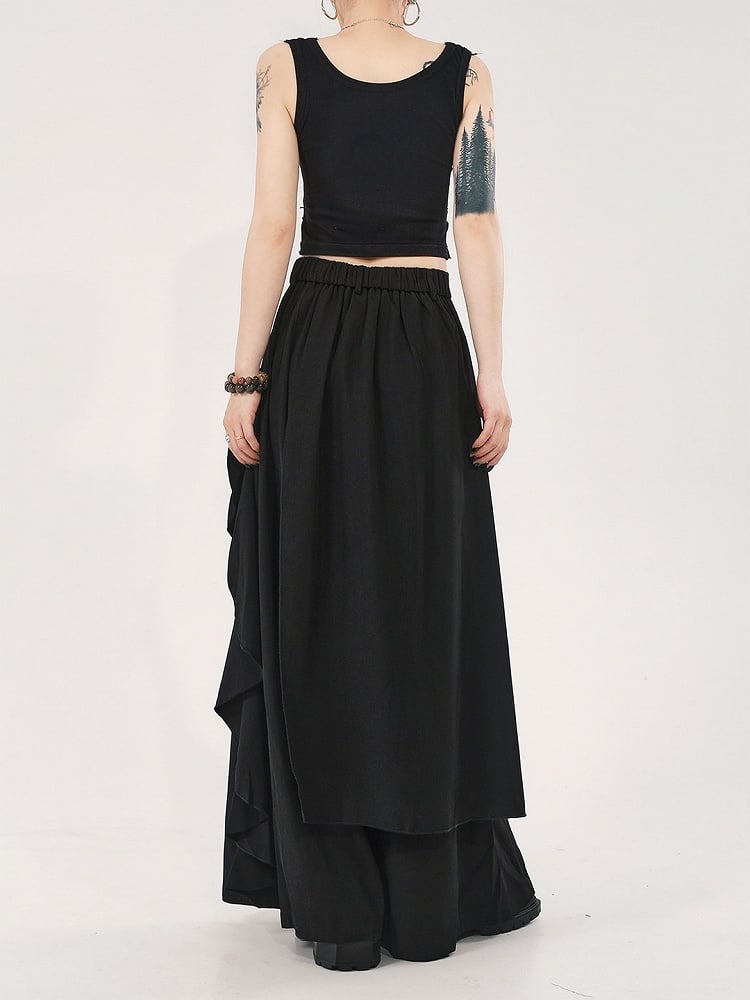 with Asymmetrical Skort Waistband Partial Design Black Elastic High-waisted