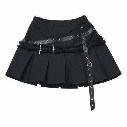 Skirt Box Accents Core Pleat Cross Edgy Black with Metal - Academic Gothic