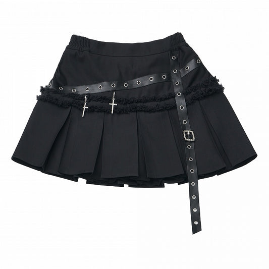 Skirt Box Accents Core Pleat Cross Edgy Black with Metal - Academic Gothic