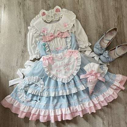 Blue JSK Sweet Bow / Apron Lolita Full Maid Ruffle Set Dress + Heart