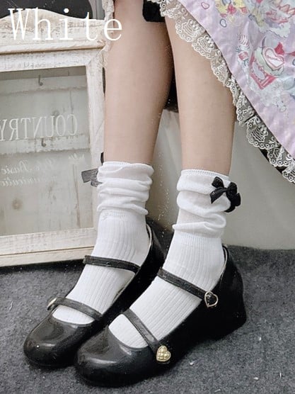 Details Bowknot Black/White/Beige/Gray Lolita Socks Calf