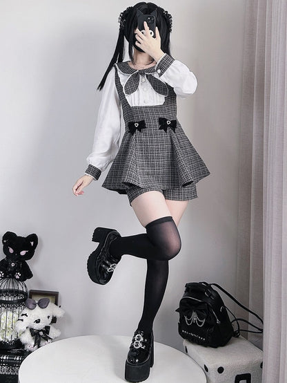 Bowknot Kei Plaid Details Jirai Schwarzes Outfit-Plissee lang + Top Shorts Ärmel Design