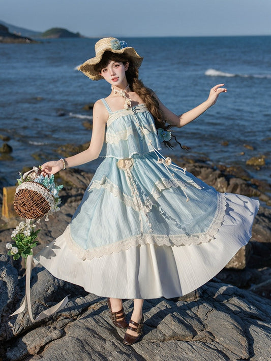 Blue Summer Set: Sleeveless Top, Skirt, Brooch & Hat - With PUJI