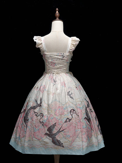 Swallow Kite and Peach Blossom Print Pink Chinoiserie Lolita Dress - Dream Magic Box