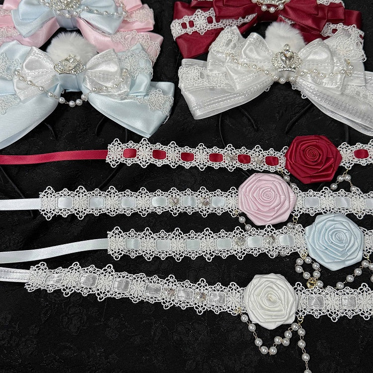 Floral Headpieces KC Set - Four-Color Necklace Lace Hime Chokers Lolita Bow