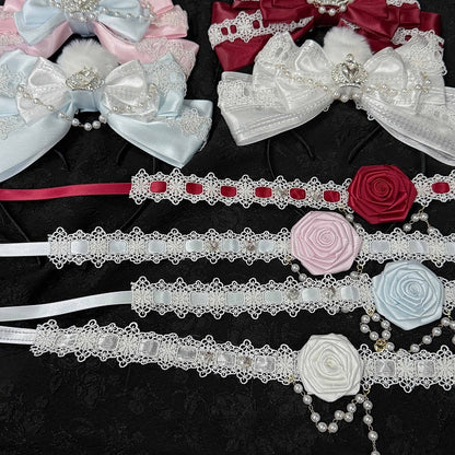 Floral Headpieces KC Set - Four-Color Necklace Lace Hime Chokers Lolita Bow