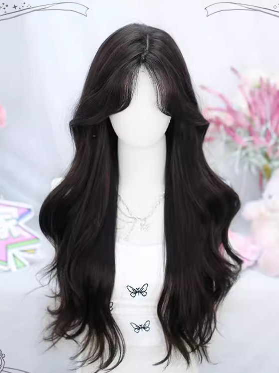 Wig Black/Grey/Brown Curtain 65-70CM With Bangs Wavy