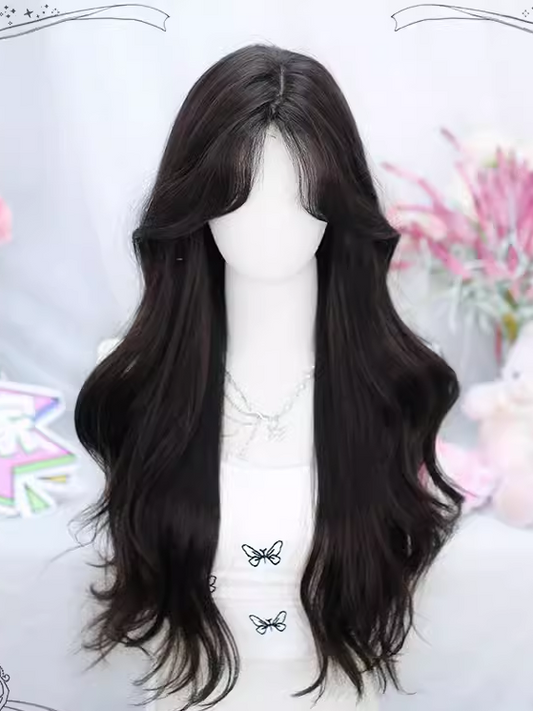Wig Black/Grey/Brown Curtain 65-70CM With Bangs Wavy