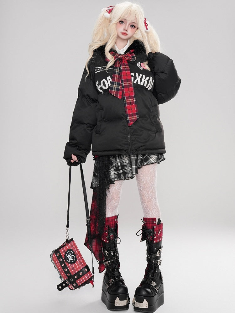 Schwarze/weiße Jacke mit Buchstaben-Print und selbstbindender Schleife und Kapuze