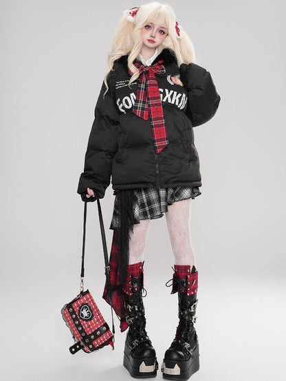 Schwarze/weiße Jacke mit Buchstaben-Print und selbstbindender Schleife und Kapuze