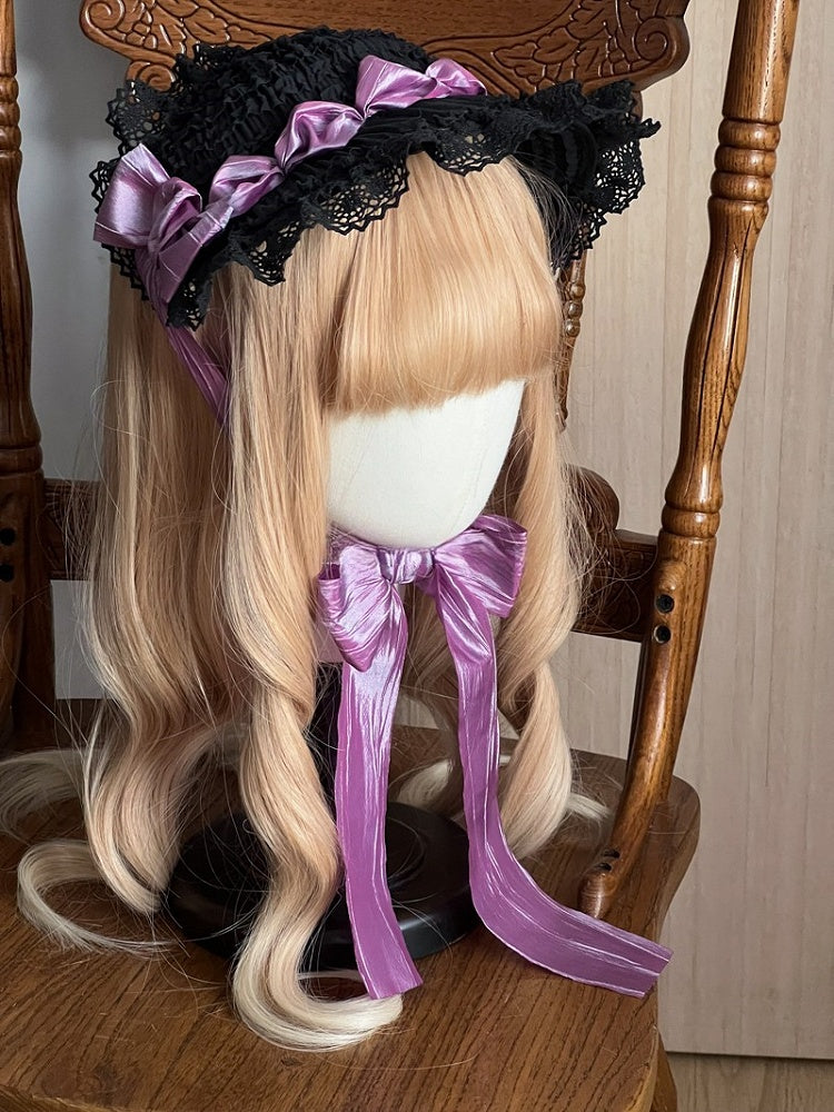 Satin and Lace with Bonnet Gothic Bows Lolita Trim Black