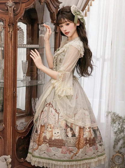 Green Cat Print Lace Ruffles Sweet Lolita JSK Dress with Drawstring Overlay - NyaNya