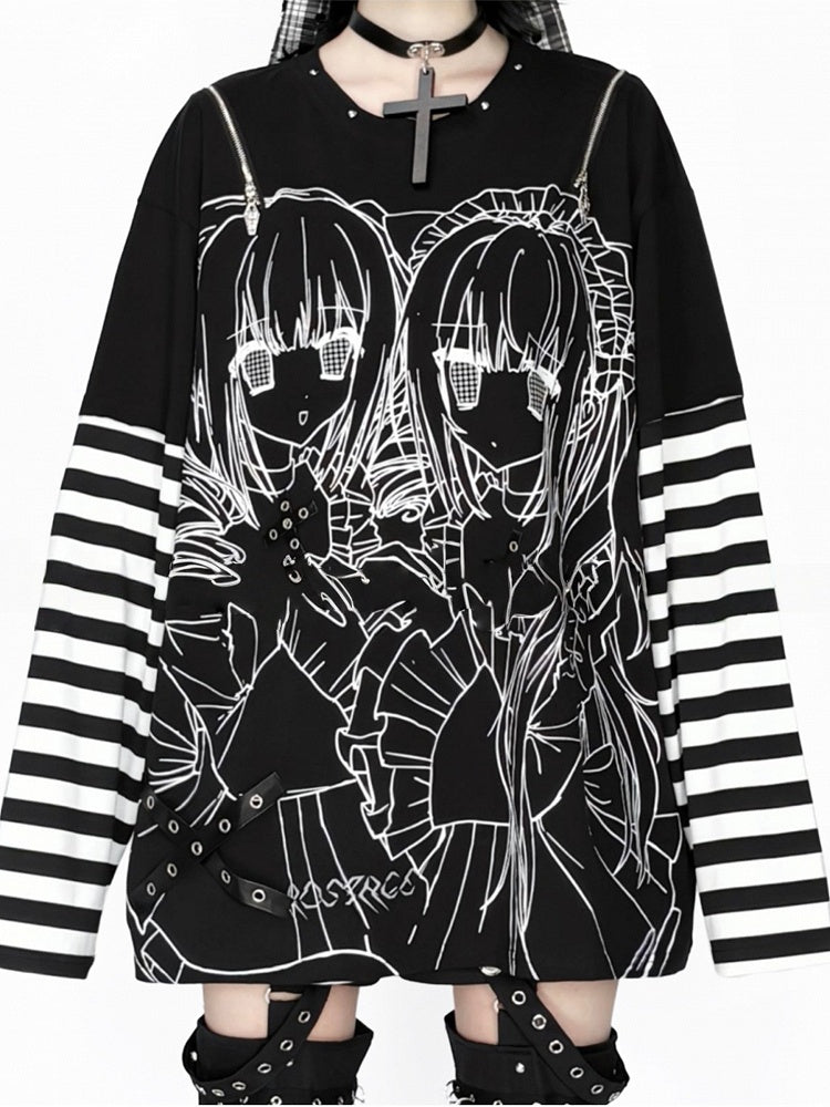 Striped Top Shoulder Black Zip-Adjustable White Jirai Printed Cutout Kei Girl