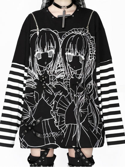 Striped Top Shoulder Black Zip-Adjustable White Jirai Printed Cutout Kei Girl