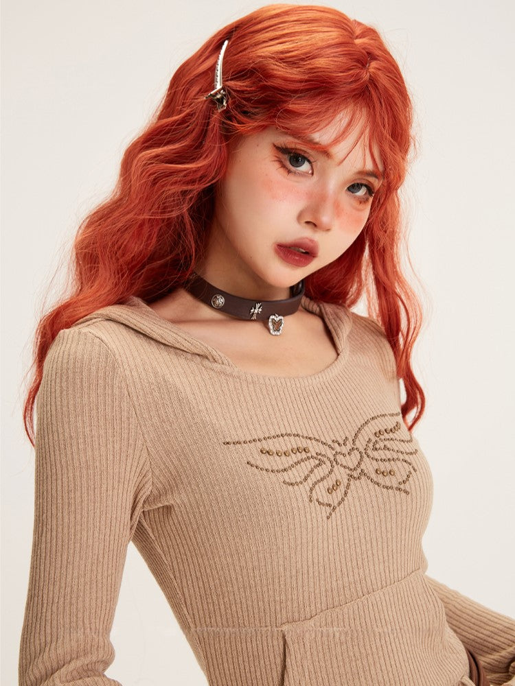 with Belt Maxi Dress Hooded Studded Butterfly Design Beige Knit