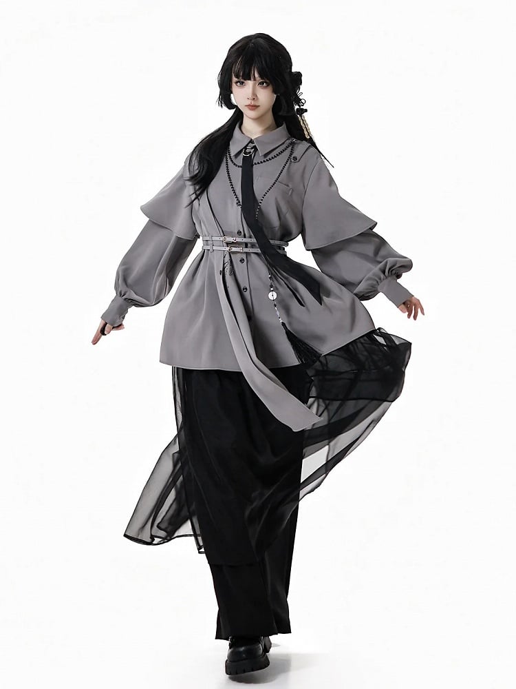 Shirt Shoulder Buckle and Embroidered Cape Detachable Cheongsam Style with Gray Bamboo Belt