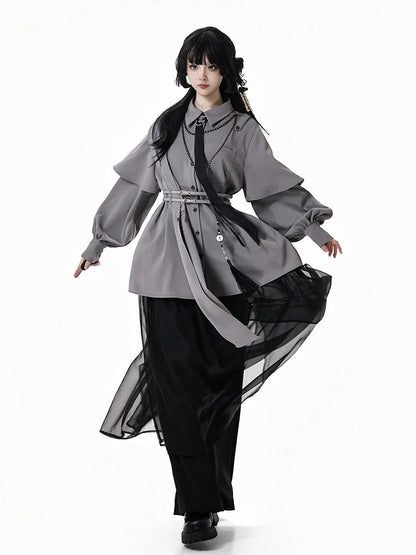 Shirt Shoulder Buckle and Embroidered Cape Detachable Cheongsam Style with Gray Bamboo Belt